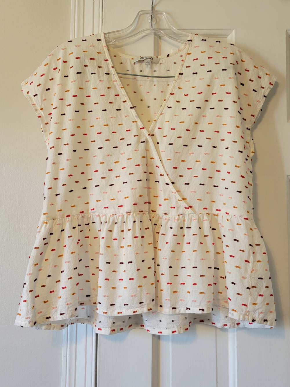 Madewell White Peplum Wrap Top with Multicolor Dot Stitching